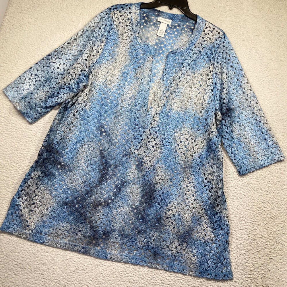 Catherines Tunic Women 1X Blue Ombre Floral Lace Split Neck Elbow Sleeve Boho